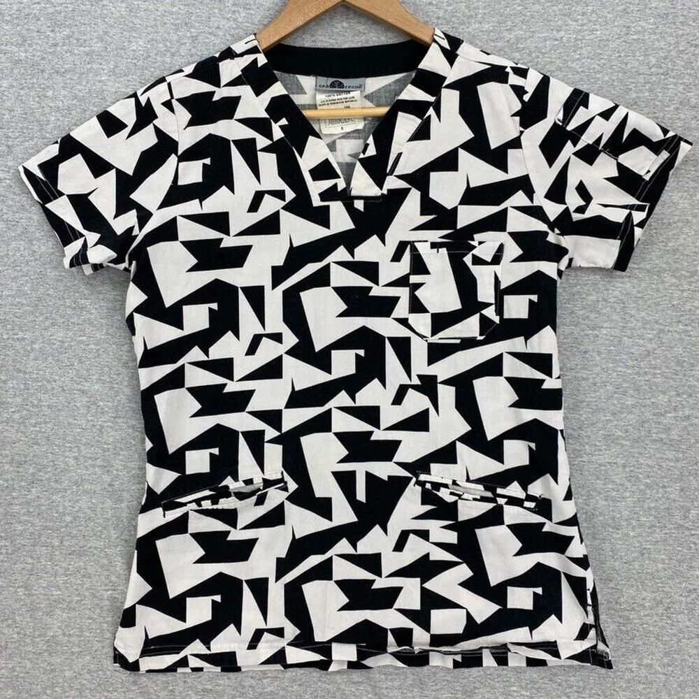 Sea Grape Scrub Top Womens Small Black White Geo Nursing Vet Medical Uniform